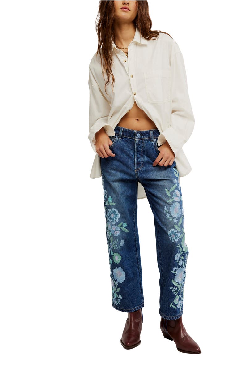Free People Deep Trance Floral Embroidered Nonstretch Wide Leg Jeans, Alternate, color, Forget Me Not