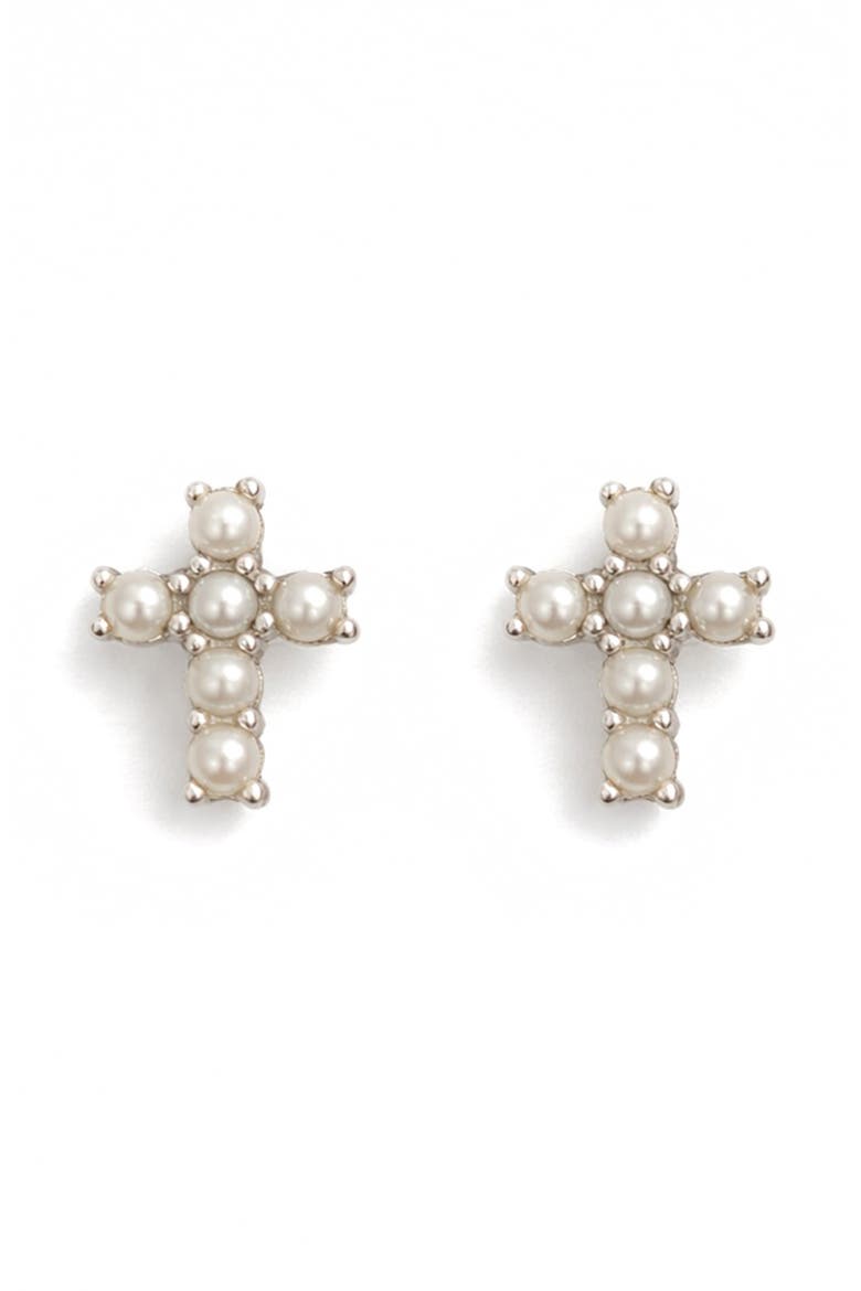 Freshwater Pearl Cross Stud Earrings, Main, color, WHITE/ SILVER PLATED