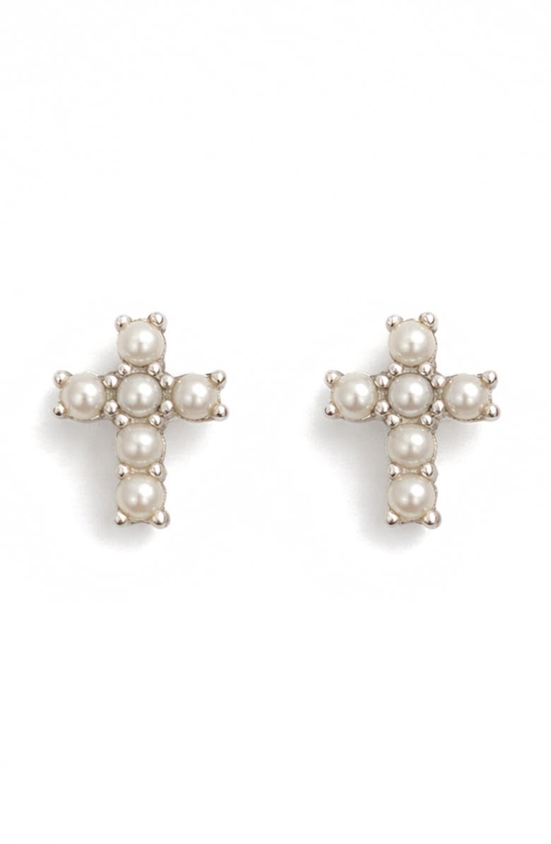 BEST SILVER Freshwater Pearl Cross Stud Earrings, Main, color, White/ Silver Plated