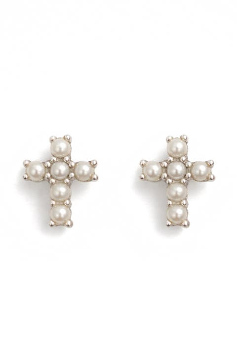 Freshwater Pearl Cross Stud Earrings
