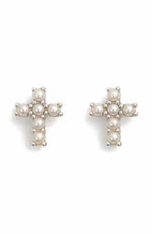 BEST SILVER Freshwater Pearl Cross Stud Earrings