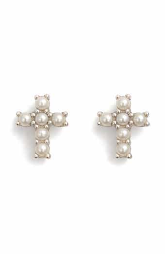 BEST SILVER Freshwater Pearl Cross Stud Earrings
