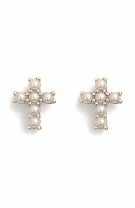 BEST SILVER Freshwater Pearl Cross Stud Earrings