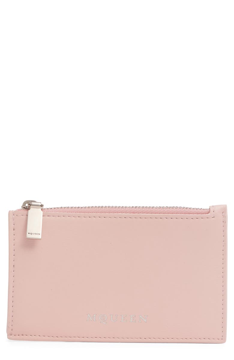 McQueen Logo Leather Zip Card Case, Main, color, Rose/ Silver