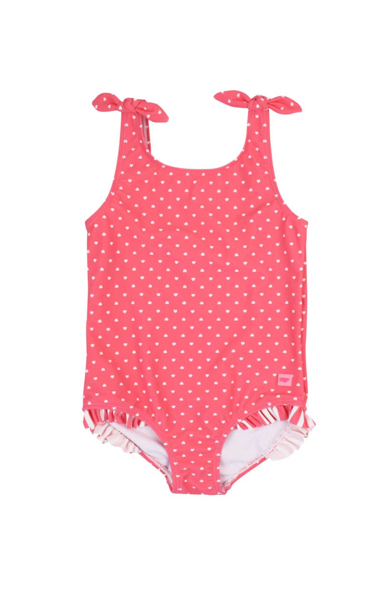 Toddler Girls UPF50+ Tie Shoulder One Piece, Main, color, Hot Pink Heart Polka Dot