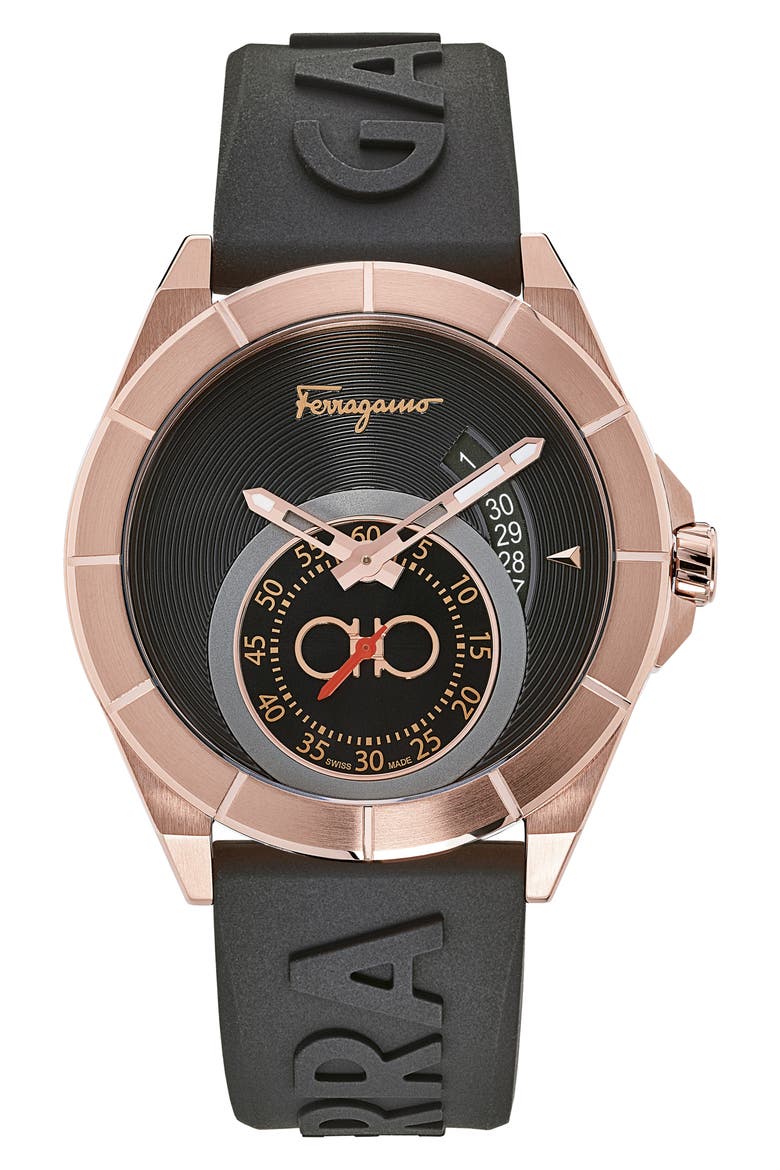 Salvatore Ferragamo Urban Silicon Strap Watch, 43mm, Main, color, BLACK/ ROSE GOLD