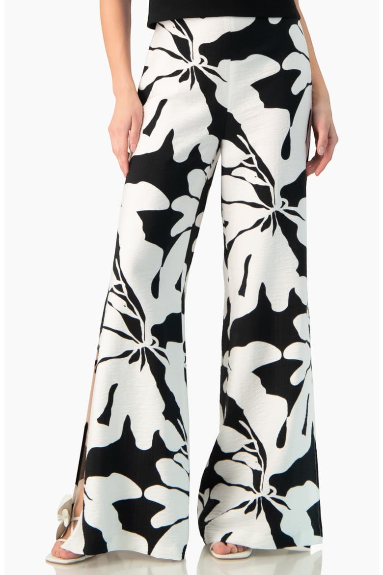 Bold Floral Print High-Waist Wide-Leg Side-Slit Trousers, Main, color, Black