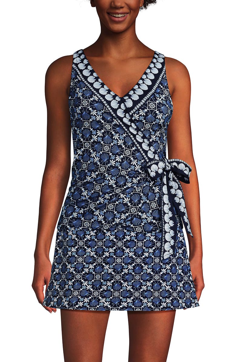 Lands' End D-Cup Side Tie Tankini Top, Alternate, color, Seashell Geo/Navy Border