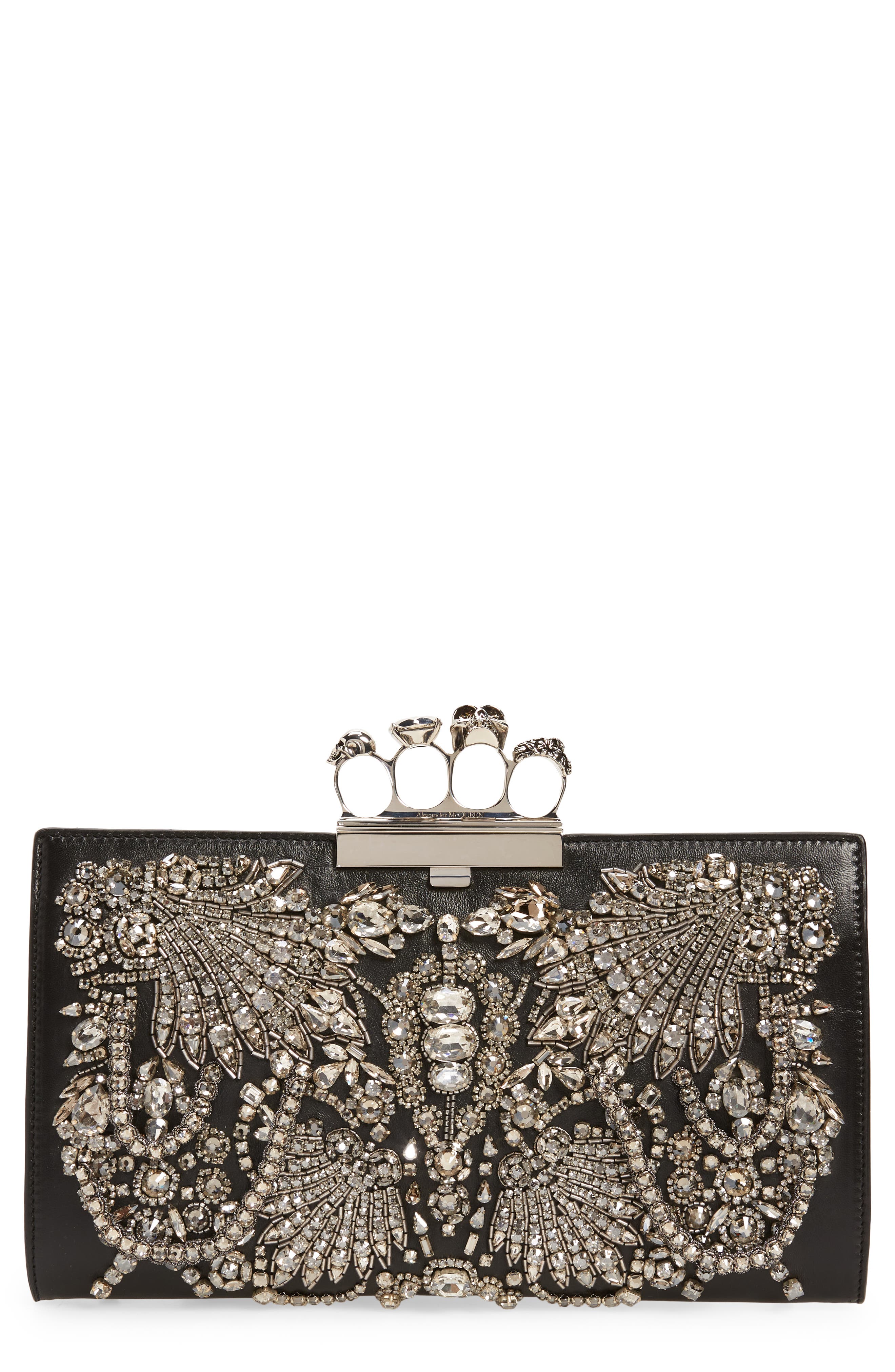 McQueen Crystal Embellished Four-Ring Flat Pouch Clutch, Main, color, 