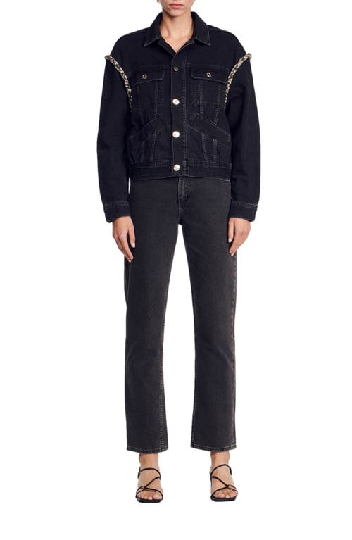 Sandro Oversized Denim Jacket With Rhinestones In Black