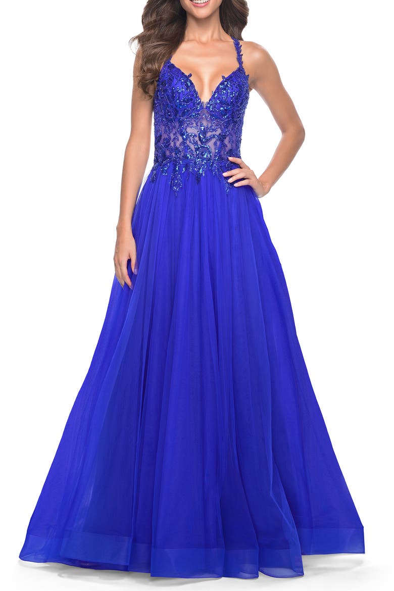 Tulle A-Line Gown with Sheer and Beaded Lace Detail, Main, color, Royal Blue
