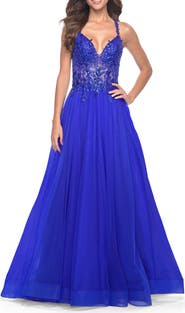 La Femme Tulle A-Line Gown with Sheer and Beaded Lace Detail