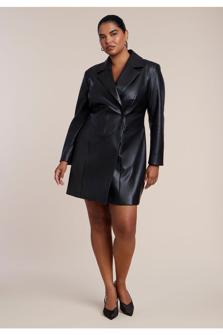 Faux Leather Corset Waist Blazer Mini Dress, Main, color, BLACK ONYX