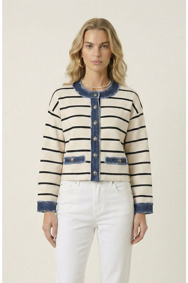 Striped Knit Denim Trim Cardigan, Main, color, Cream / Navy Blue
