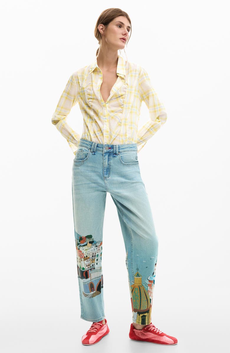 Desigual Graphic Print Ankle Taper Jeans, Alternate, color, Medium Blue