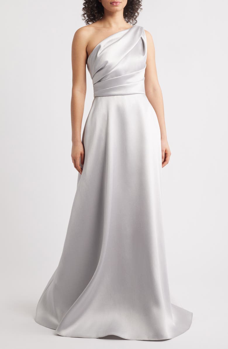 Amsale One-Shoulder Mikado Gown, Main, color, Platinum
