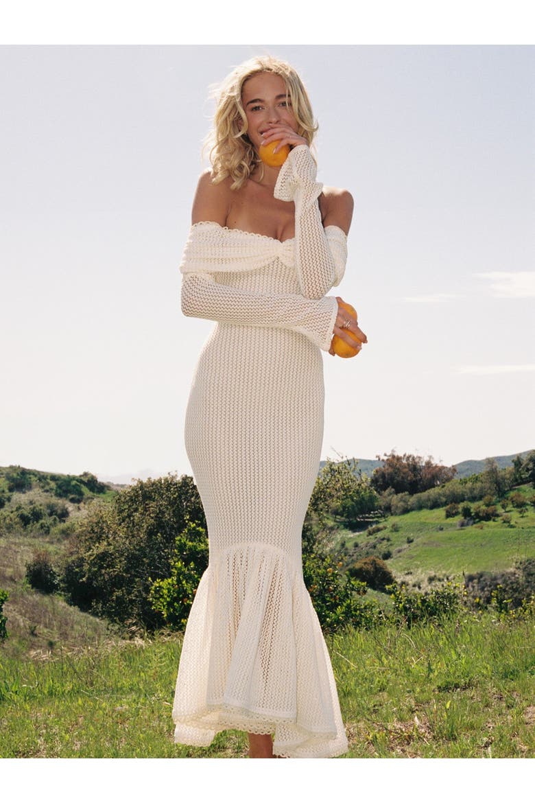 Kaedyn Off Shoulder Long Sleeve Crochet Mermaid Maxi Dress, Alternate, color, Beige