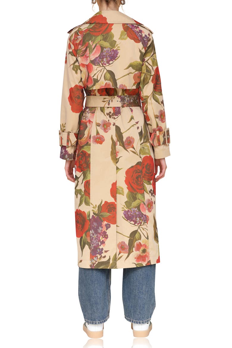 Rose Print Belted Double Breasted Cotton Blend Trench Coat, Alternate, color, TAN PORTOFINO ROSE