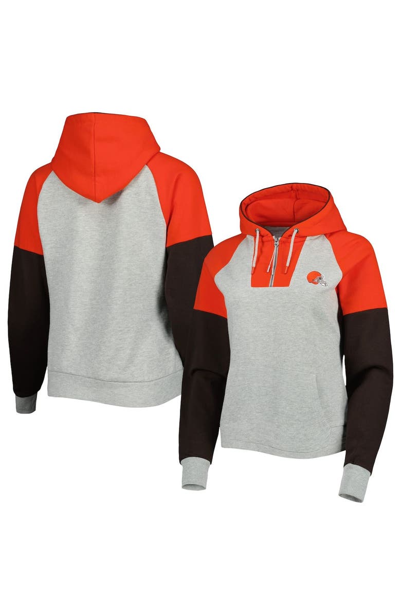 ANTIGUA Women's Antigua Heather Gray Cleveland Browns Lightweight Jackpot Raglan Half-Zip Pullover Hoodie, Main, color,