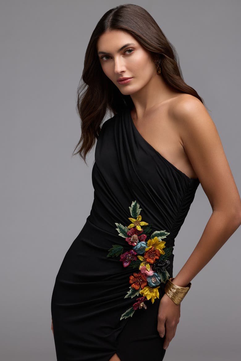 One Shoulder Jersey Gown with Beaded Floral Appliqué, Alternate, color, Black