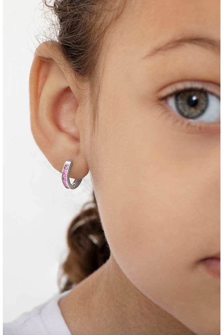 Small Channel Pink CZ Hoop Earrings, Alternate, color, Pink