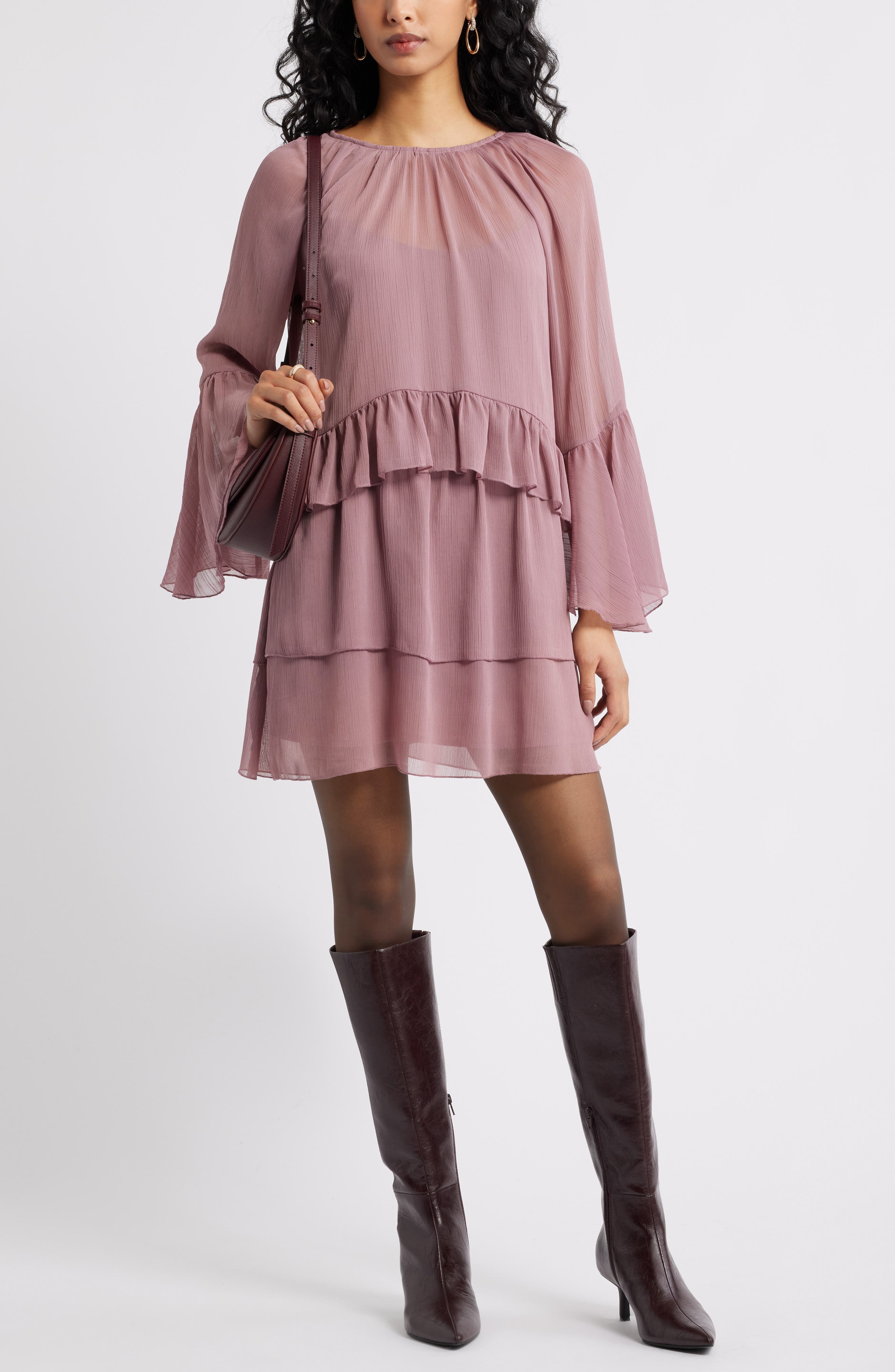 Open Edit Long Sleeve Tiered Chiffon Dress
