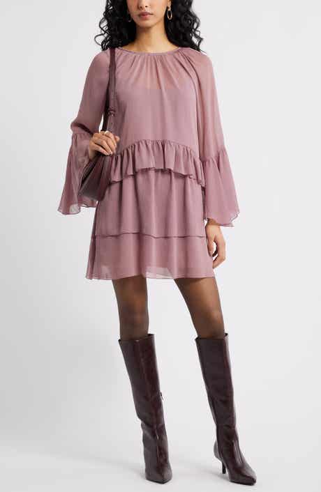 Open Edit Long Sleeve Tiered Chiffon Dress