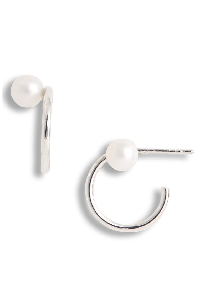 Mini Lara Freshwater Pearl Hoop Earrings, Main, color, STERLING SILVER