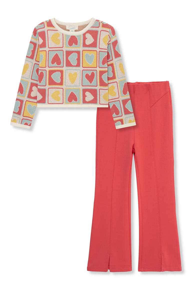 Kids' Heart Grid Sweater & Flare Leg Pants Set, Main, color, RED MULTI
