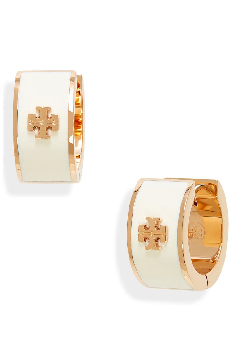 Kira Enamel Huggie Hoop Earrings, Main, color, TORY GOLD / NEW IVORY