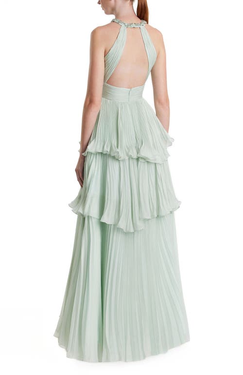 Mac Duggal High Neck Chiffon Tiered Gown With Cut Out In Mint
