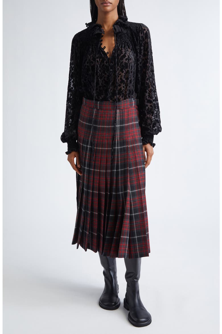 Tartan Pleated Midi Skirt, Alternate, color, COOL GREY/ CRANBERRY RED CHECK