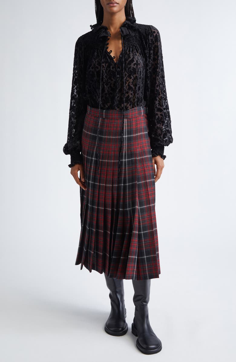 Burberry Tartan Pleated Midi Skirt, Alternate, color, Cool Grey/ Cranberry Red Check