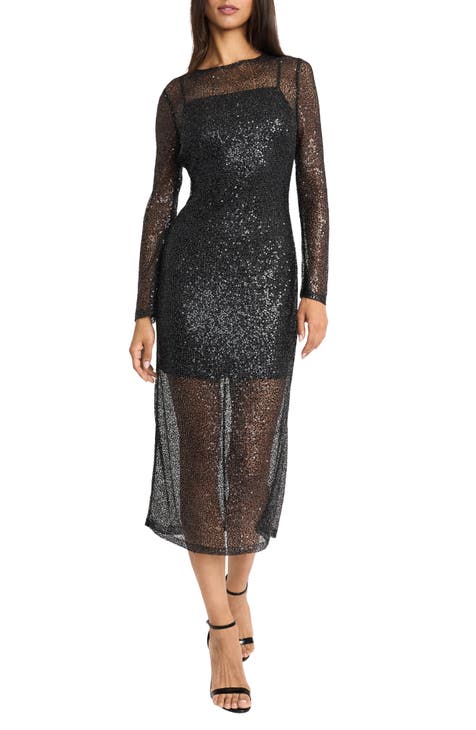 Sequin Long Sleeve Mesh Midi Dress