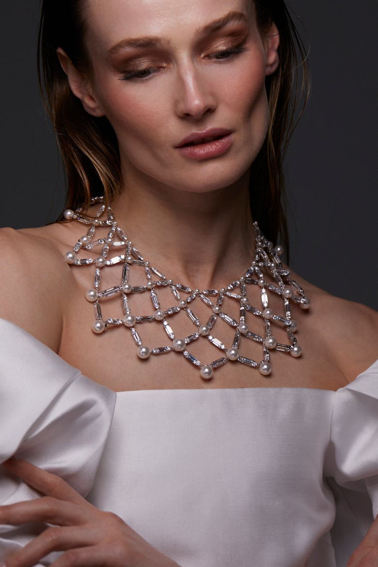 Ingrid CZ And Pearl XL Netting Necklace, Alternate, color, Rhodium