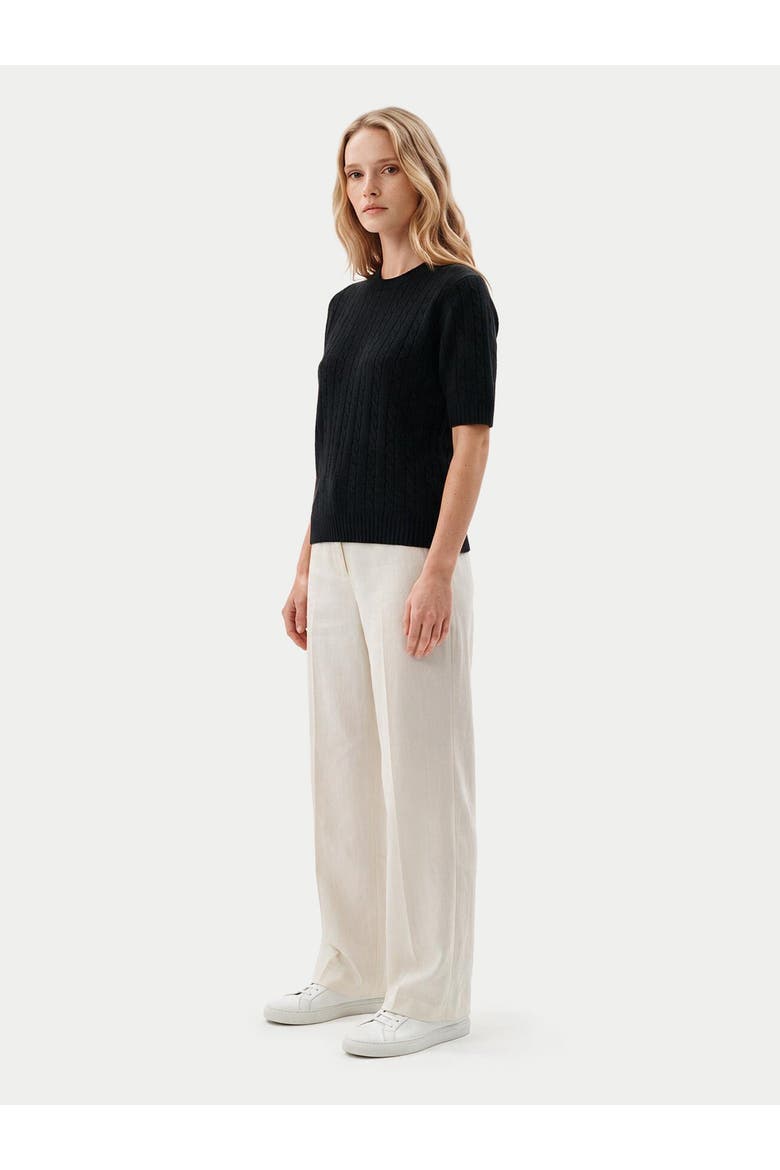 Cashmere Short-sleeve Cable Sweater, Alternate, color, black