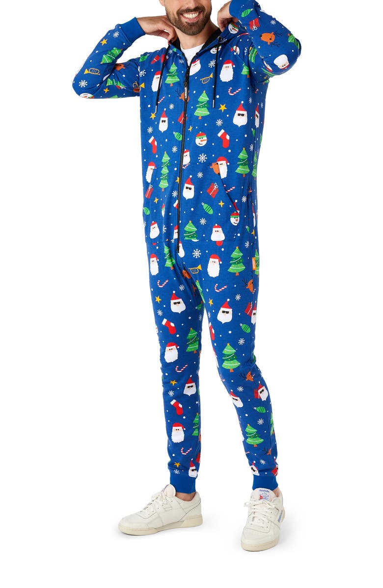 OppoSuits Festivity Blue Print Hooded Long Sleeve Fleece Jumpsuit, Main, color,