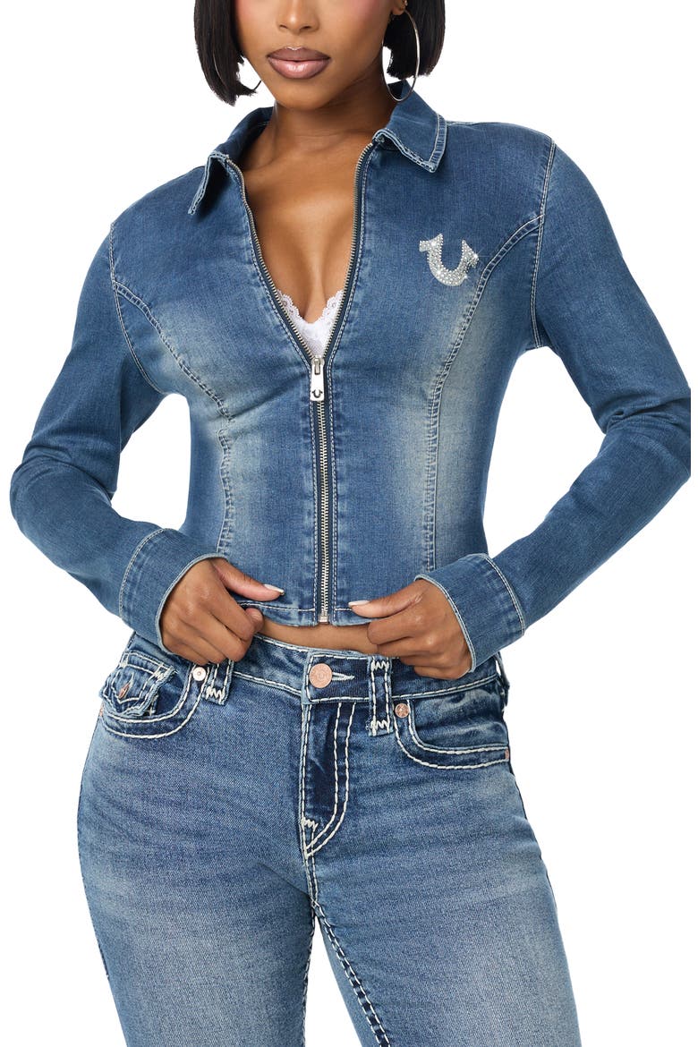 Crystal Logo Zip Front Denim Shirt, Main, color, SUGAR LACE
