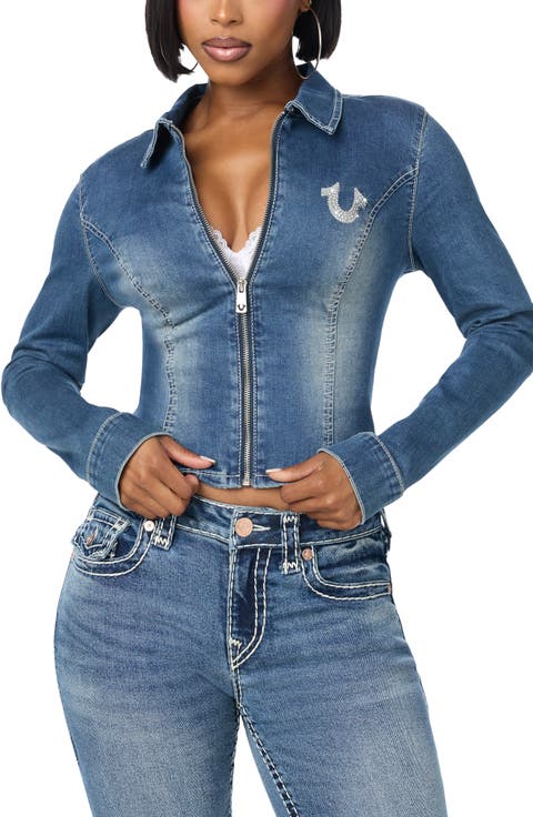 Crystal Logo Zip Front Denim Shirt