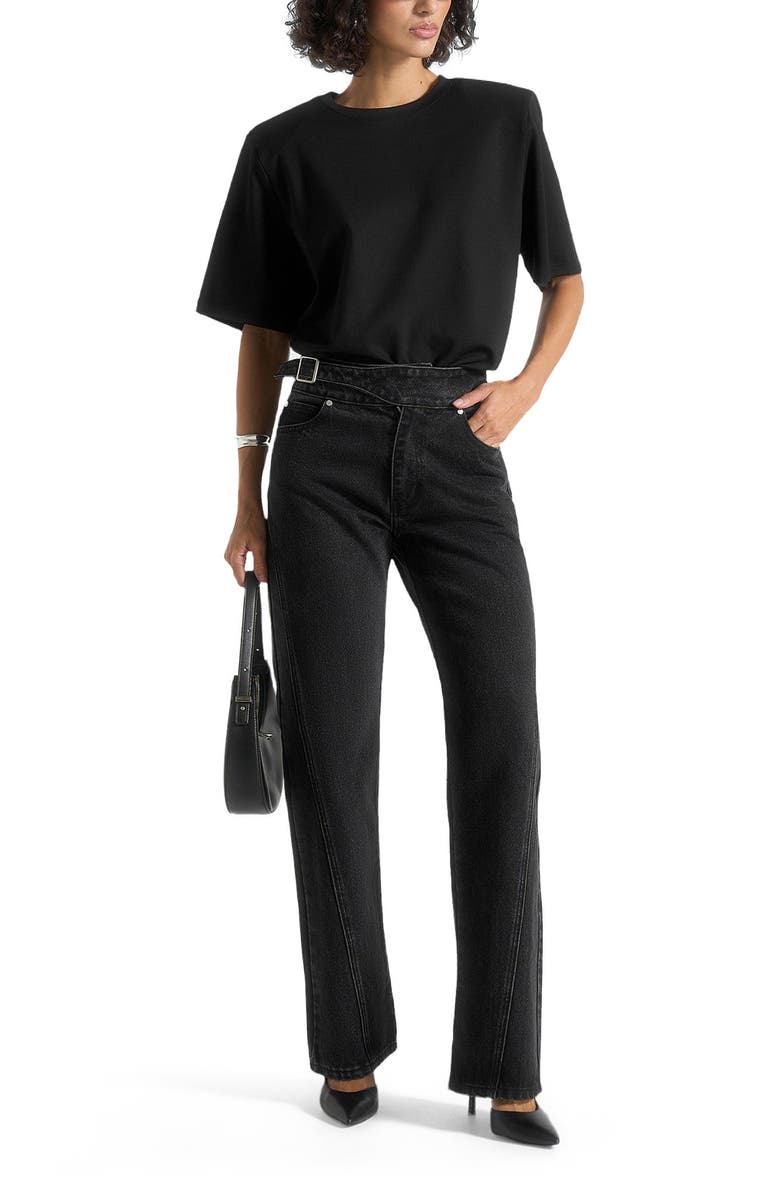 Manière De Voir Loane Twist Leg Boyfriend Jeans With Waist Adjuster, Main, color, Washed Black