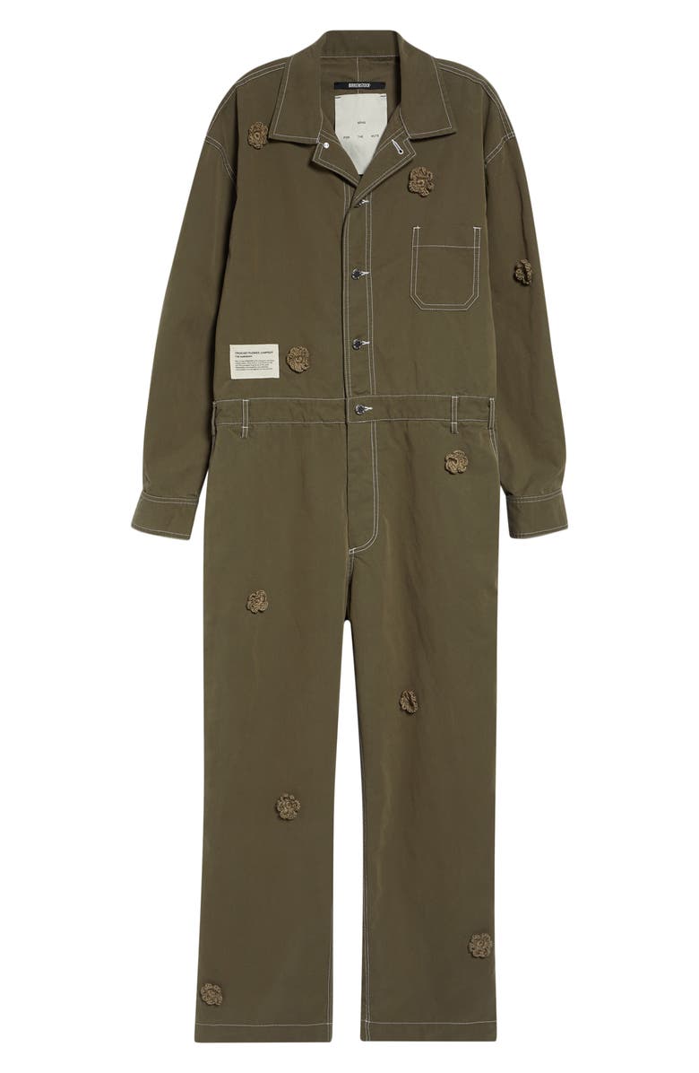 SONG FOR THE MUTE x Birkenstock The Gardener Crochet Flower Long Sleeve Drill Jumpsuit, Main, color, Army Green