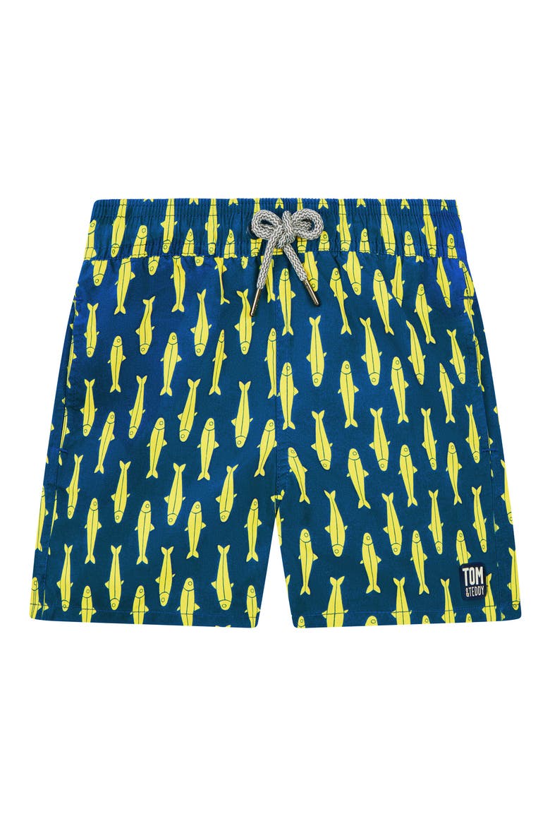 Kids' Sardines Swim Trunks, Main, color, NAVY & YELLOW