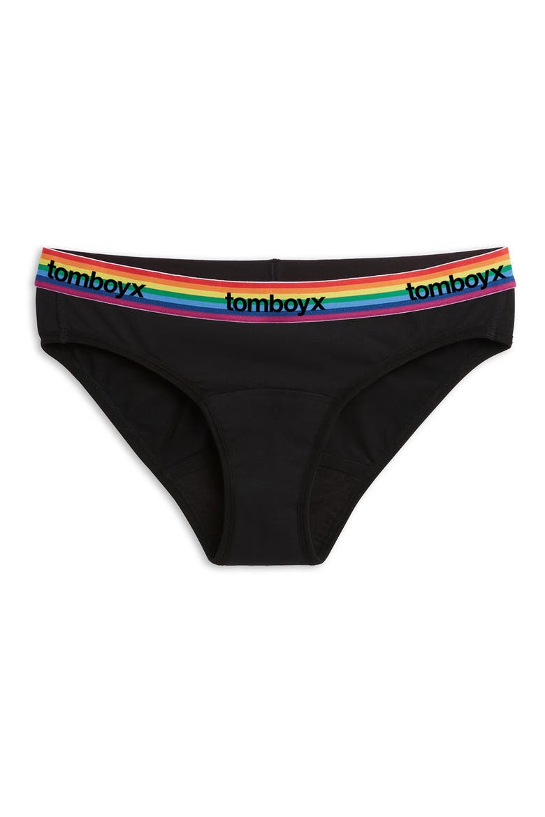 First Line Stretch Cotton Period Bikini, Main, color, BLACK RAINBOW LOGO
