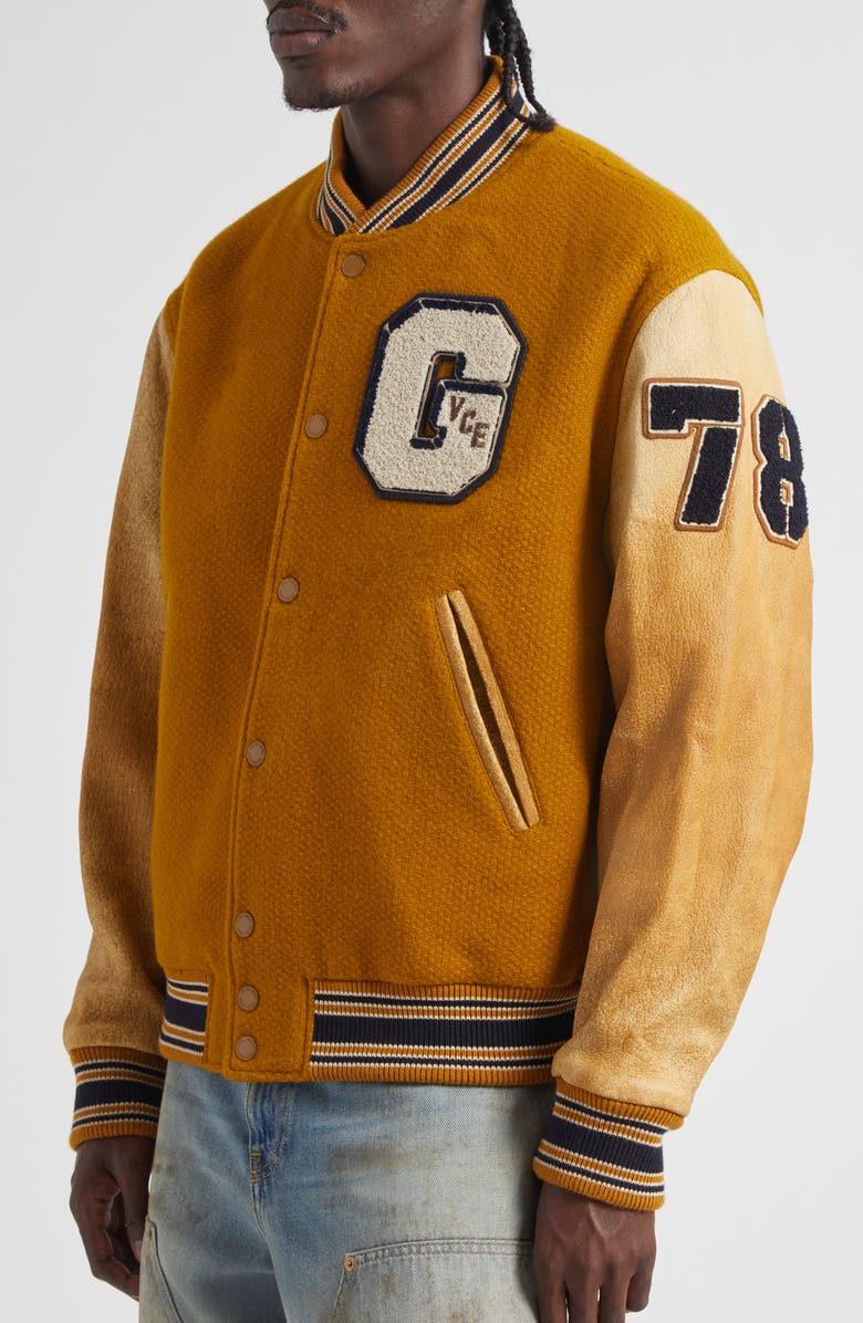 Golden Goose Journey Mixed Media Varsity Bomber Jacket, Alternate, color, Wood Thrush
