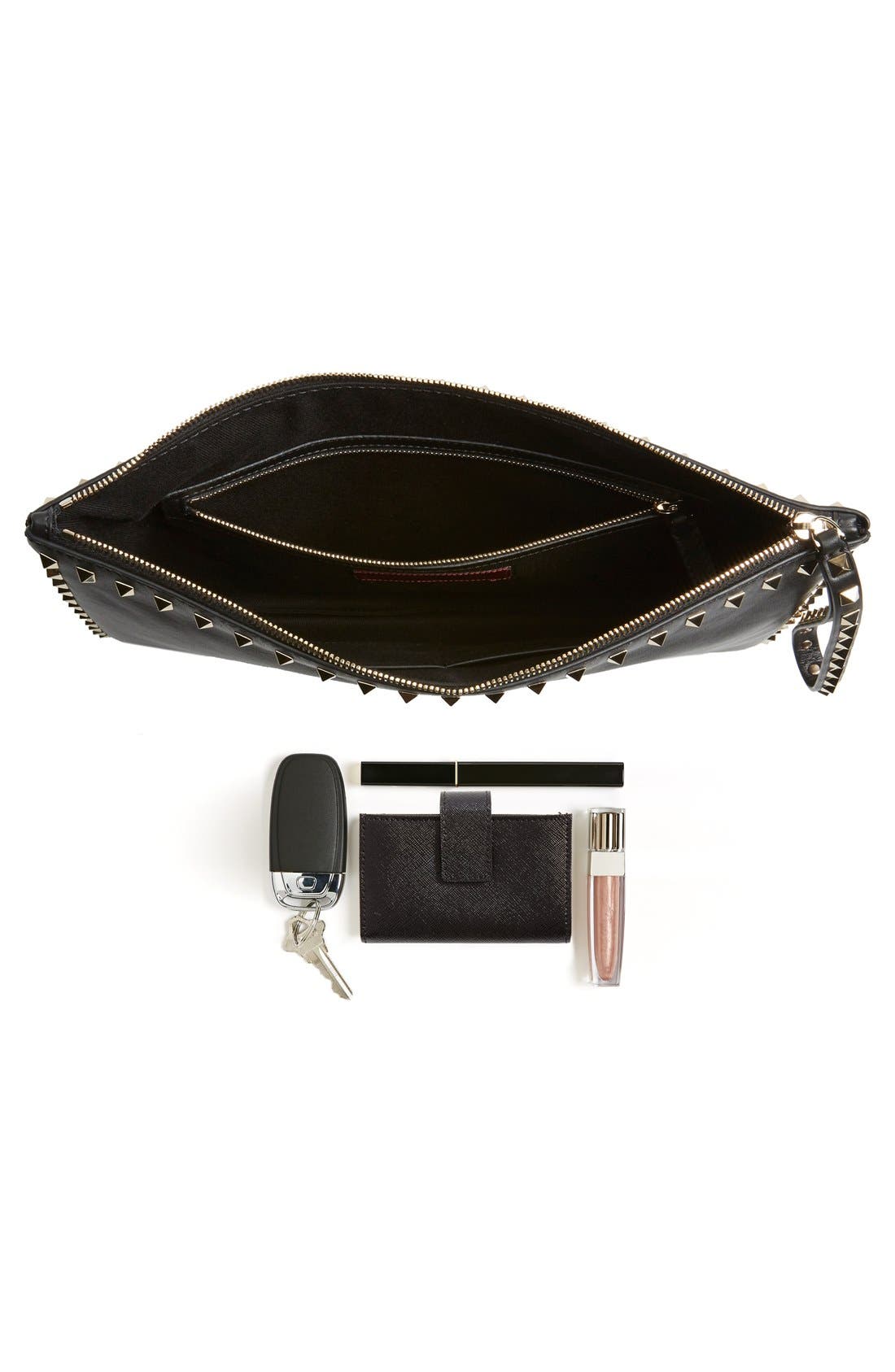 'Rockstud' Leather Clutch, Alternate, color, BLACK