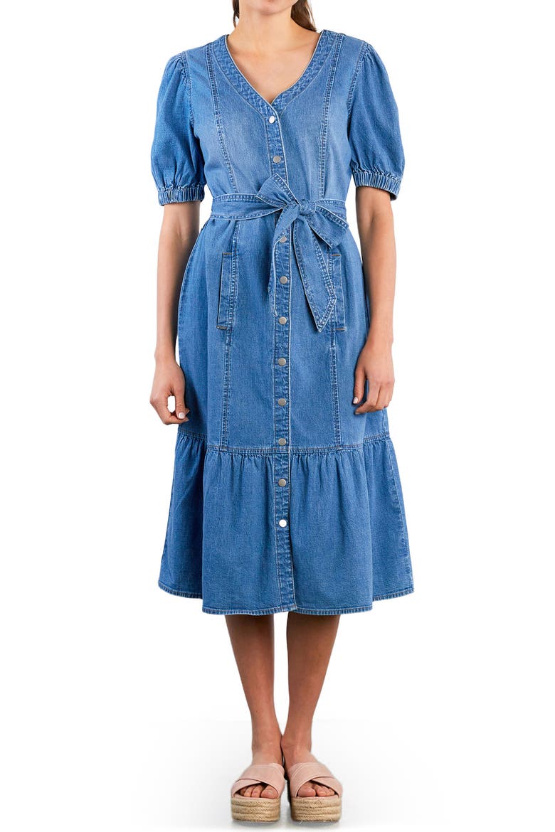 Ruffle Hem Tie Waist Denim Midi Dress, Main, color, DENIM LOVE
