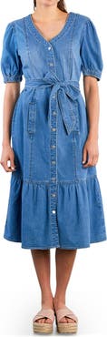 Wash Lab Denim Ruffle Hem Tie Waist Denim Midi Dress