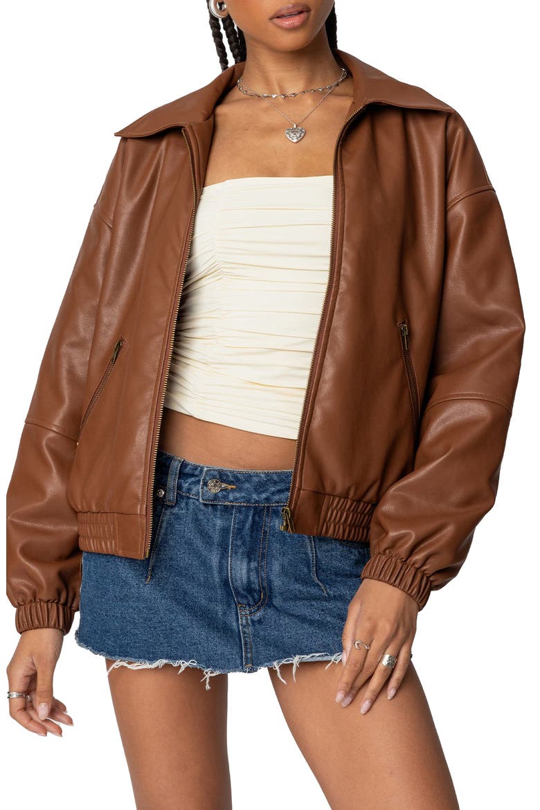 Halley Faux Leather Bomber, Main, color, BROWN