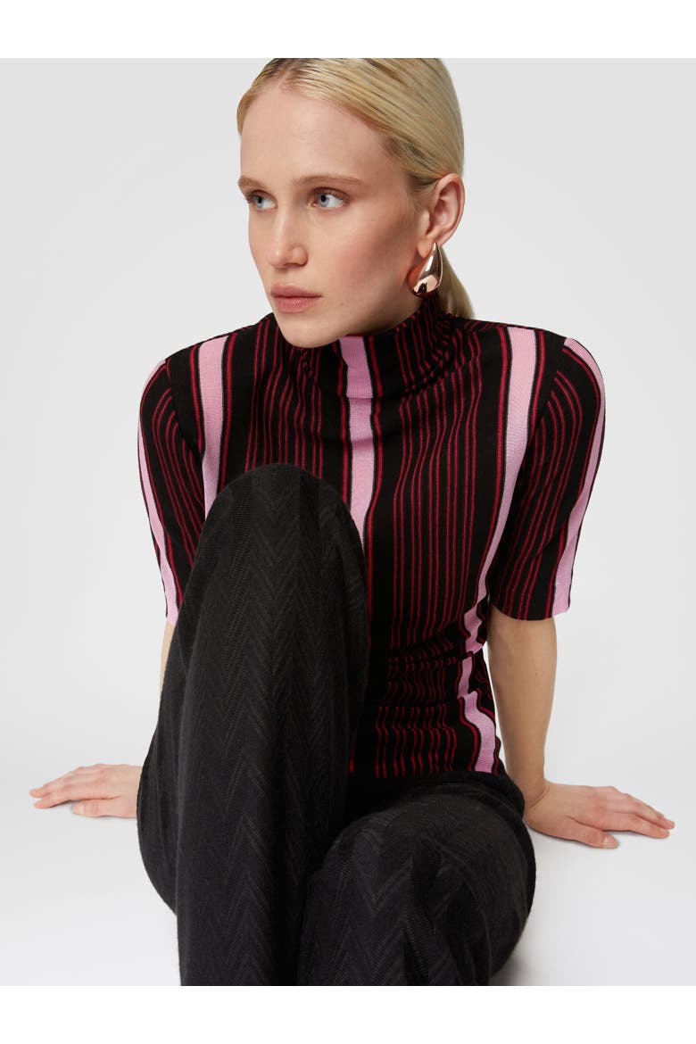 Short-sleeved Turtleneck In Striped Cotton And Viscose, Alternate, color, Black & Pink