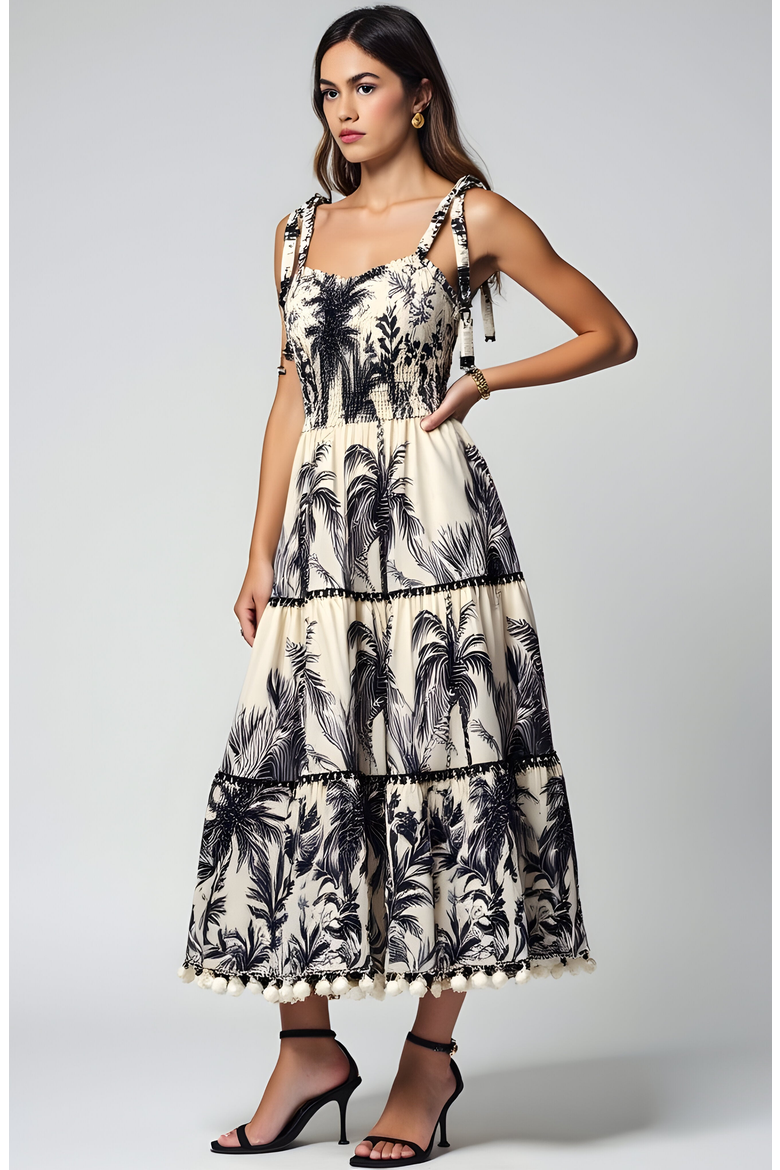 Tropical Print Tiered Midi Dress with Pom Trim and Smocked Bodice, Alternate, color, Ivory / Black